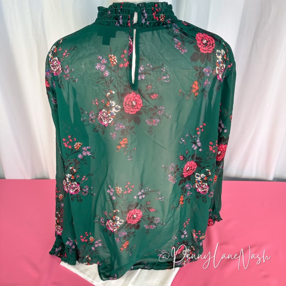 Torrid Chiffon Smocked Mock Neck Floral Blouse Top Green - Picture 10 of 11